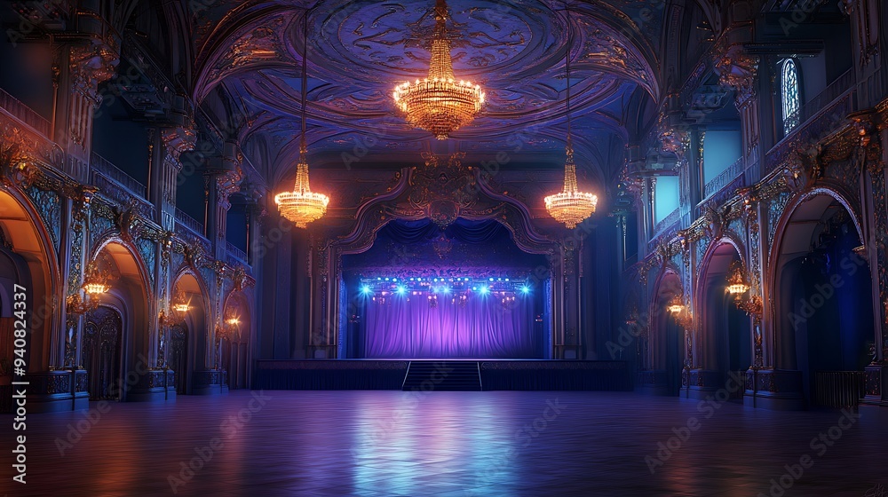 Obraz premium Illuminated Event Hall with a Stage, Ornate Ceiling, and Hanging Chandeliers