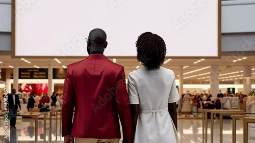 Back view African American couple man and woman stay near big Blank white billboard inside shopping centre, empty intside advertising poster, mock up photo