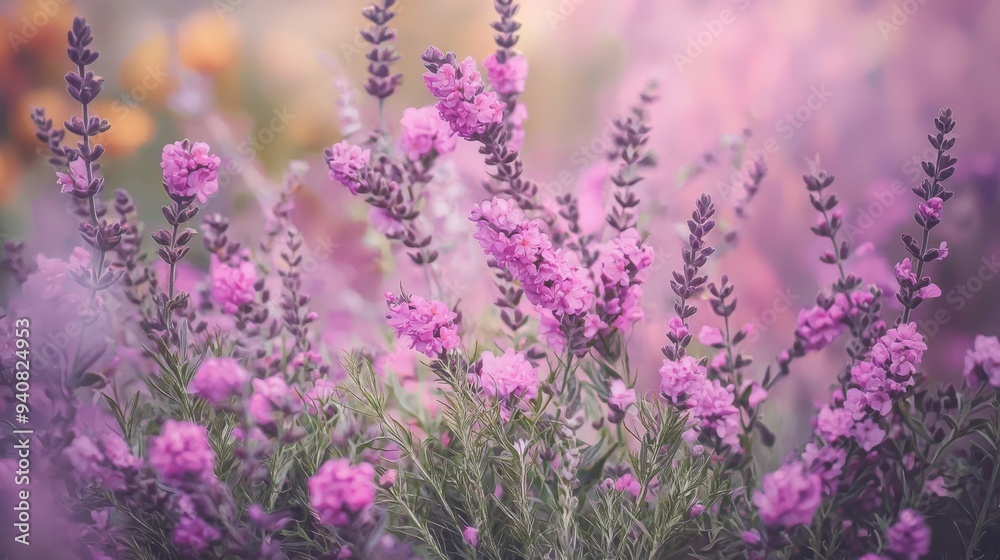 Fototapeta premium A tight shot of a blooming cluster of flowers, background softly blurred with shades of purple and yellow