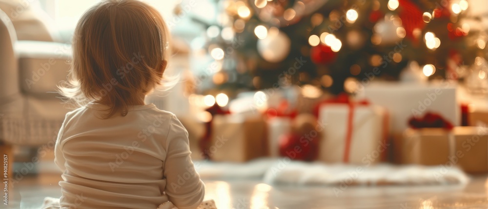 Cozy Christmas Eve Gathering, toddler girl seated on the floor among colorful presents, surrounded by family and siblings, vibrant decorations, glowing tree lights, festive joy in the air Cozy Christmas Eve Gathering, toddler girl seated on the floor among colorful presents, surrounded by family and siblings, vibrant decorations, glowing tree lights, festive joy in the air