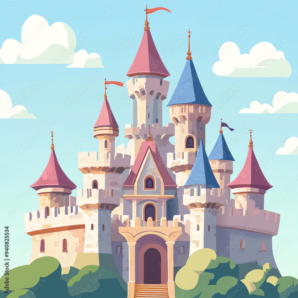 Medieval castles of a fairy-tale kingdom, featuring a fortified fortress with walls and towers. Includes vintage arched windows with balconies, turrets with flags, and the royal residence of a brave. Medieval castles of a fairy-tale kingdom, featuring a fortified fortress with walls and towers. Includes vintage arched windows with balconies, turrets with flags, and the royal residence of a brave.