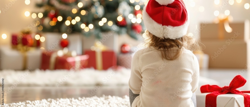 Cozy Christmas Eve Gathering, toddler girl joyfully seated on the floor surrounded by colorful presents, a beautifully decorated Christmas tree, family and siblings celebrating together. Cozy Christmas Eve Gathering, toddler girl joyfully seated on the floor surrounded by colorful presents, a beautifully decorated Christmas tree, family and siblings celebrating together.