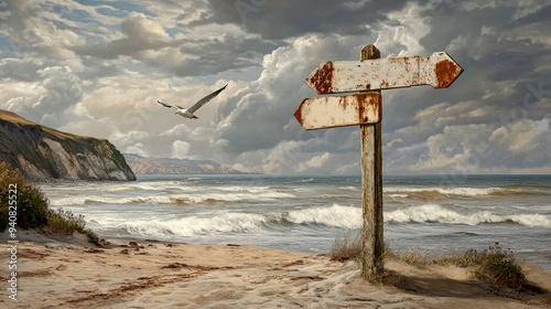 A coastal landscape with a weathered signpost facing the ocean. Waves crash against the shoreline under dramatic clouds. Perfect for travel or nature themes. AI photo