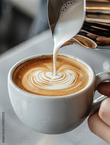 A close-up view of creamy latte art being poured into a cup, showcasing beautiful swirls and patterns for coffee lovers. photo