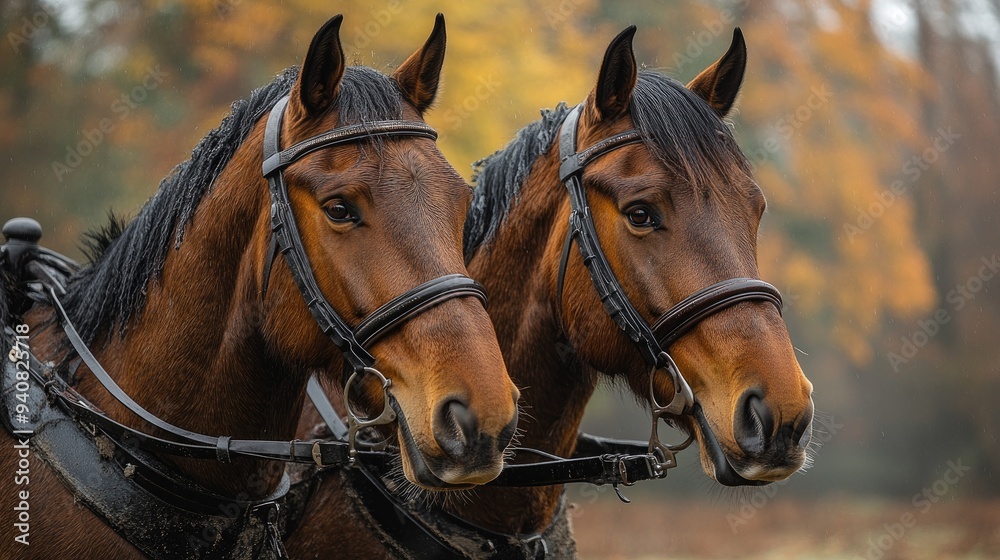Obraz premium Two powerful brown horses wearing harnesses standing on farm