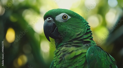 Close-up of a green parrot with detailed feather patterns photo