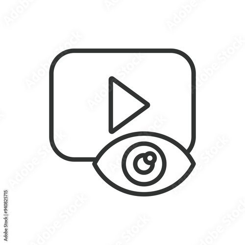 Video views, in line design. View count, video analytics, engagement, video metrics, watch time, audience retention on white background vector. Video views editable stroke icon.