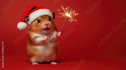 Cute hamster wearing santa hat holding a sparkler celebrating christmas