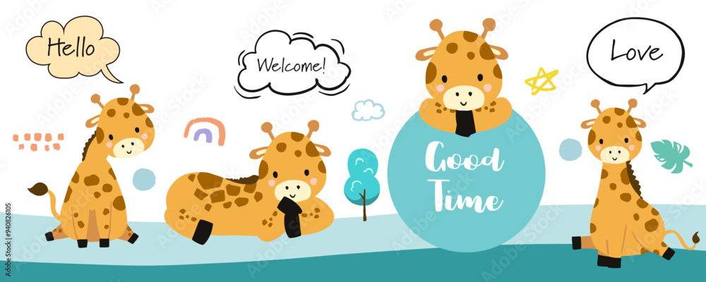 cute giraffe template banner with hello,welcome for horizontal design cute giraffe template banner with hello,welcome for horizontal design