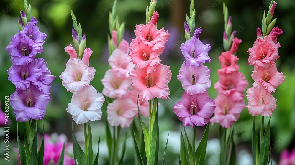 Gladiolus flowers blooming in a garden close up Gladiolus flowers blooming in a garden close up