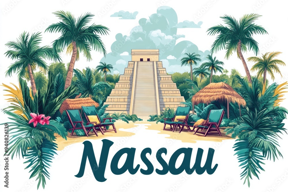 Fototapeta premium Nassau tropical beach mayan pyramid vacation illustration