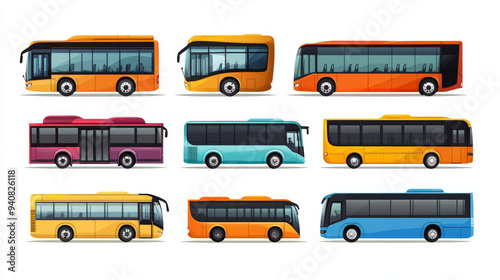 Travel bus icons, including emblems for tour transport or public transportation services. Vector icons for tourism, passenger travel, city coach vans, airport express transfers, or shuttle buses. photo