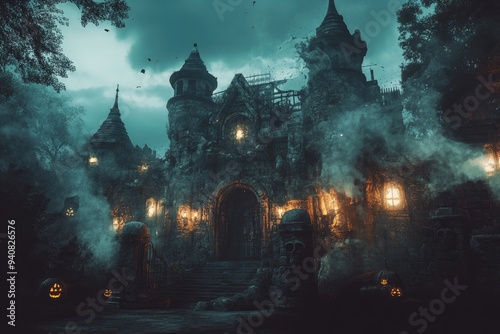 A Haunted Stone Castle with Glowing Jack-O-Lanterns on a Foggy Halloween Night