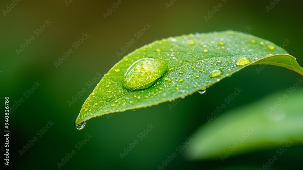 A tight shot of a green leaf, adorned with water droplets at its tips, against a softly blurred backdrop A tight shot of a green leaf, adorned with water droplets at its tips, against a softly blurred backdrop