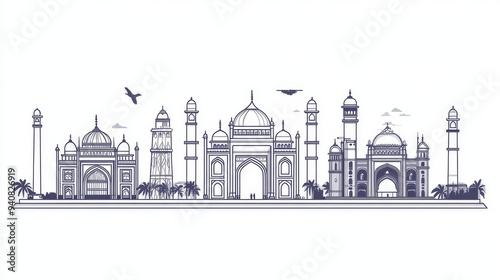 Travel landmarks of Indian architecture in thin line icons, including India Gate, Hindu Meenakshi Amman Temple, Gateway of India, Islamic Jama Masjid, Charminar mosque, and the royal Chowmahalla Palac photo