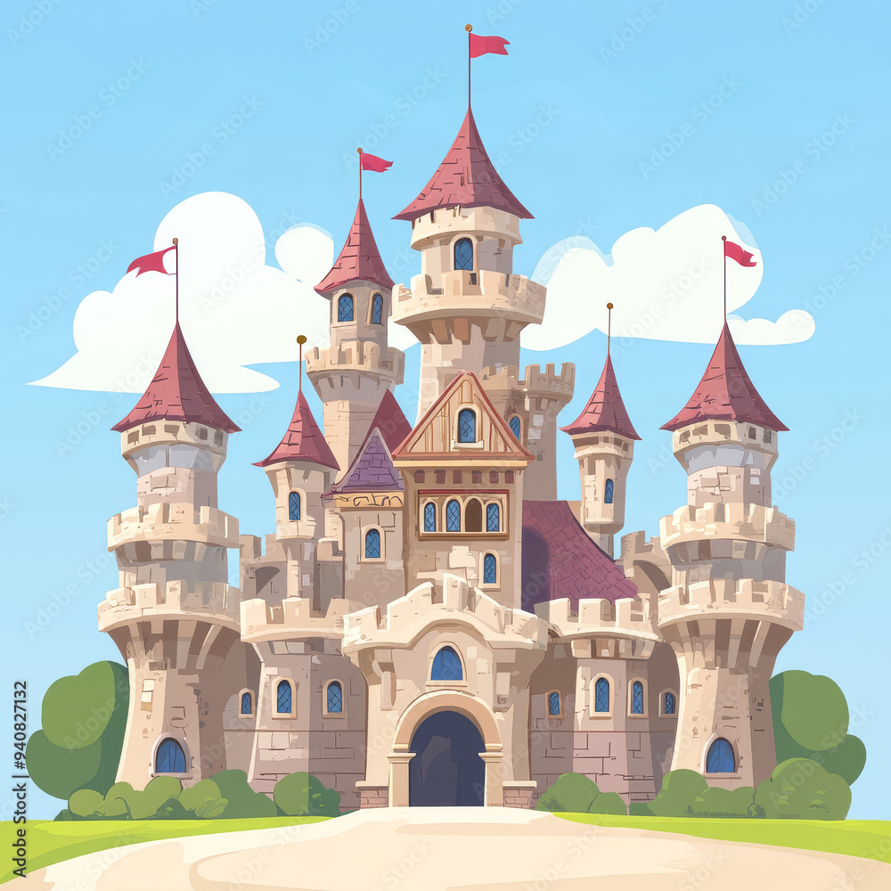 Medieval castles of a fairy-tale kingdom, featuring a fortified fortress with walls and towers. Includes vintage arched windows with balconies, turrets with flags, and the royal residence of a brave. Medieval castles of a fairy-tale kingdom, featuring a fortified fortress with walls and towers. Includes vintage arched windows with balconies, turrets with flags, and the royal residence of a brave.