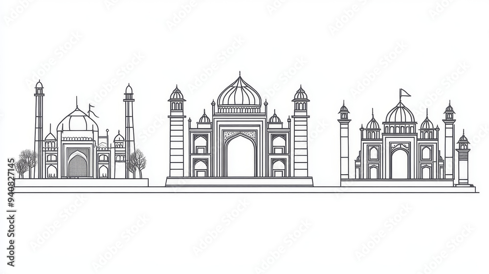 Travel landmarks of Indian architecture in thin line icons, including India Gate, Hindu Meenakshi Amman Temple, Gateway of India, Islamic Jama Masjid, Charminar mosque, and the royal Chowmahalla Palac Travel landmarks of Indian architecture in thin line icons, including India Gate, Hindu Meenakshi Amman Temple, Gateway of India, Islamic Jama Masjid, Charminar mosque, and the royal Chowmahalla Palac