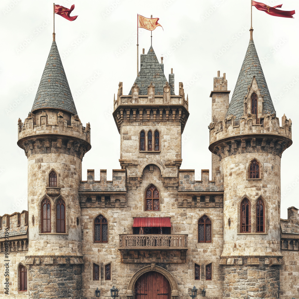 Medieval castles of a fairy-tale kingdom, featuring a fortified fortress with walls and towers. Includes vintage arched windows with balconies, turrets with flags, and the royal residence of a brave. Medieval castles of a fairy-tale kingdom, featuring a fortified fortress with walls and towers. Includes vintage arched windows with balconies, turrets with flags, and the royal residence of a brave.
