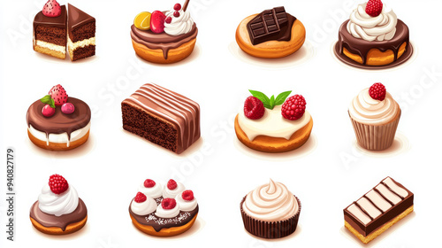 Desserts vector icons for bakery shops and pastry selections. Includes a variety of sweets such as chocolate cakes, donuts, roll pies, tiramisu, brownie tortes, ice cream, wafers, cupcakes. photo