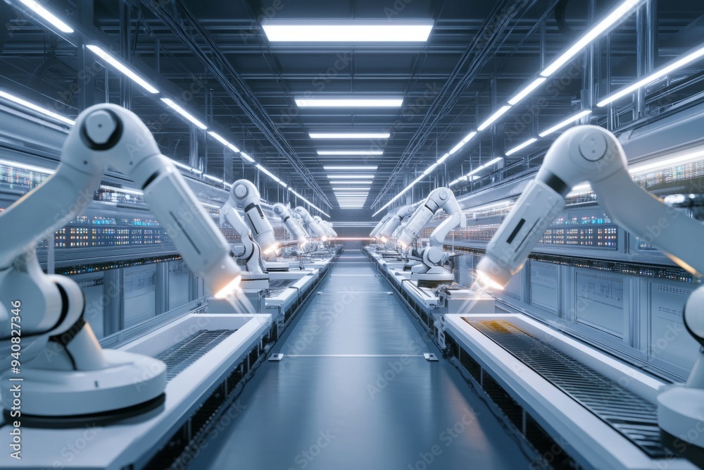 A futuristic factory with robotic arms efficiently working on assembly lines. The scene is clean and modern, showcasing advanced technology and automation. Generative AI A futuristic factory with robotic arms efficiently working on assembly lines. The scene is clean and modern, showcasing advanced technology and automation. Generative AI
