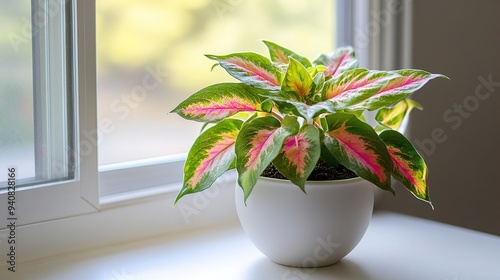 Bright aglaonema plant in a white pot placed by a sunlit window