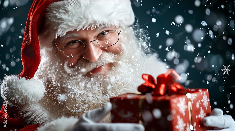 Santa Claus Holding Gift with Snow Falling Santa Claus Holding Gift with Snow Falling
