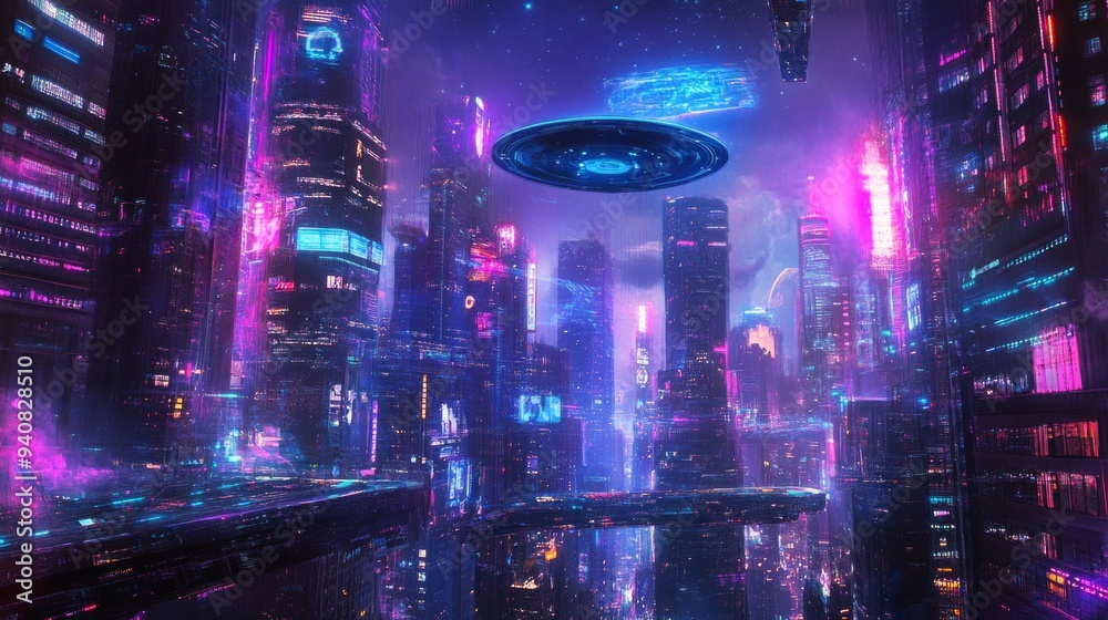 A futuristic cityscape filled with neon lights and towering skyscrapers. An alien spaceship hovers above the vibrant urban environment. 