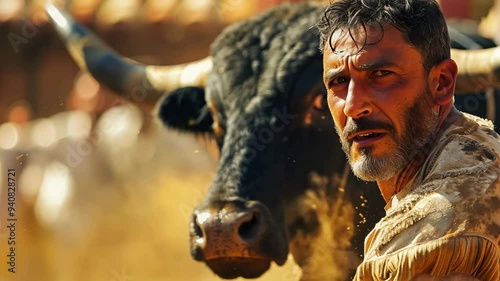 Determined matador facing a fierce bull in a sandy arena under sunlight. Concepts of bravery, tradition, and cultural significance.