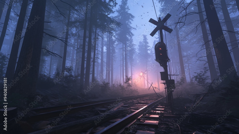 Naklejka premium A railroad track in the middle of a dense forest, with a signal light and crossing sign in the foreground. The forest is shrouded in mist, giving it an eerie and mysterious atmosphere.