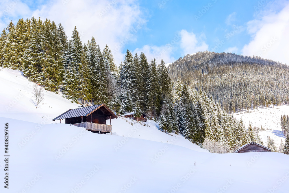 Winter snow landscape, hut in Austria Winter snow landscape, hut in Austria