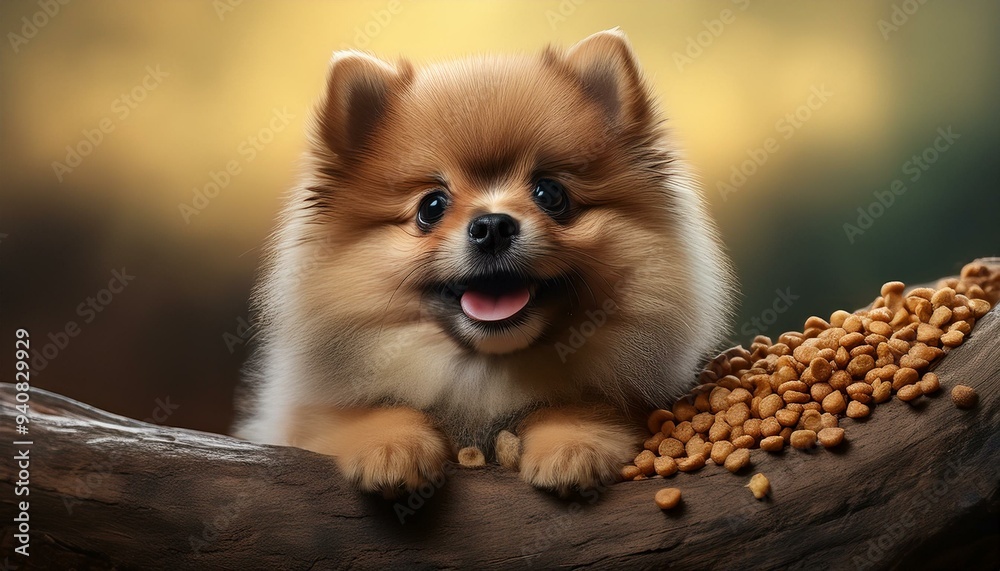 행복하고 푹신푹신한 포메라니안 강아지가 마른 음식이 산더미처럼 쌓인 나무 위에 앉아 기뻐하는 모습 행복하고 푹신푹신한 포메라니안 강아지가 마른 음식이 산더미처럼 쌓인 나무 위에 앉아 기뻐하는 모습