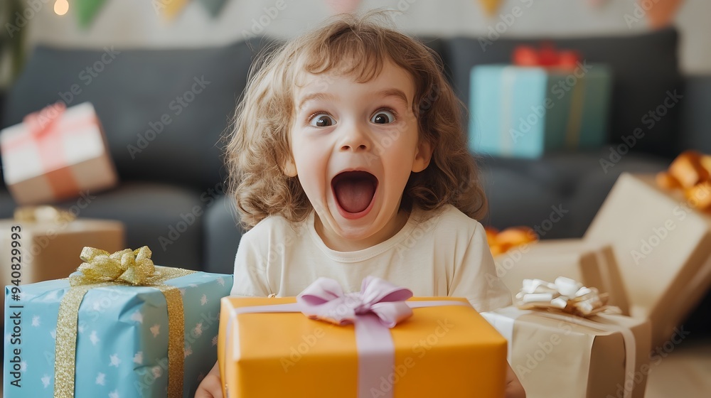 Excited and joyful child enthusiastically opening birthday presents with copy space for text overlay or design elements Excited and joyful child enthusiastically opening birthday presents with copy space for text overlay or design elements