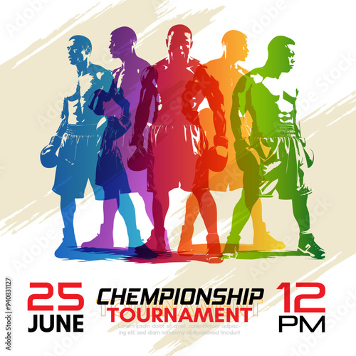 Boxing tournament or championship concept. Vector poster template with colorful boxers silhouette.