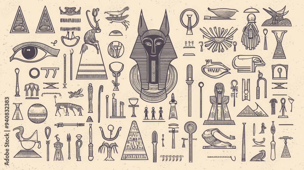 ภาพประกอบสต็อก Vector set of thin line icons depicting ancient Egyptian ...