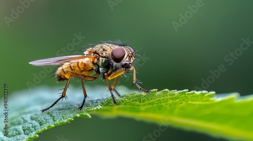  A fly atop a green leaf on a piece of paper