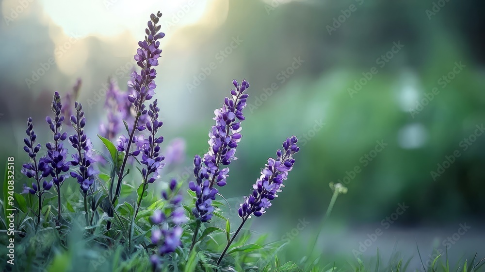 Obraz premium A tight shot of purple blooms amidst a field, backdrop softly blurred with grasses and trees