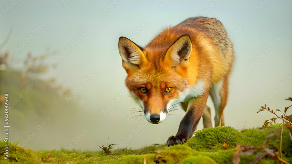 Fototapeta premium a hungry red fox sneaking through a misty forest
