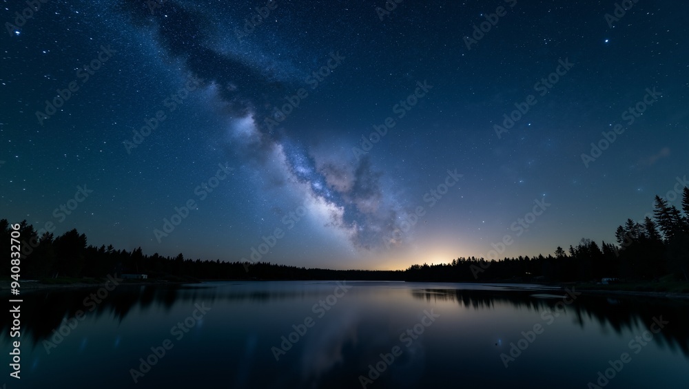 Milky Way Reflecting in Calm Lake Water at Night Milky Way Reflecting in Calm Lake Water at Night