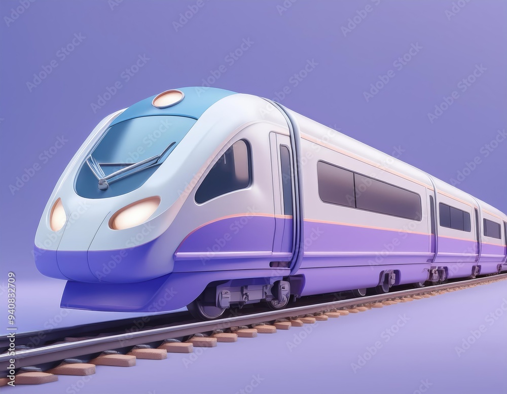 3D sleek purple and white train speeds along the tracks, 3D illustration 3D sleek purple and white train speeds along the tracks, 3D illustration