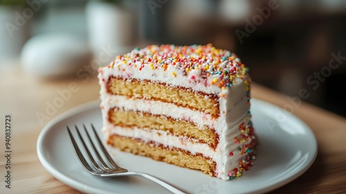 Wallpaper Mural Closeup of a delectable slice of birthday cake displayed on a plate accompanied by a metallic fork ready to be savored  This indulgent dessert with its rich texture and creamy frosting Torontodigital.ca