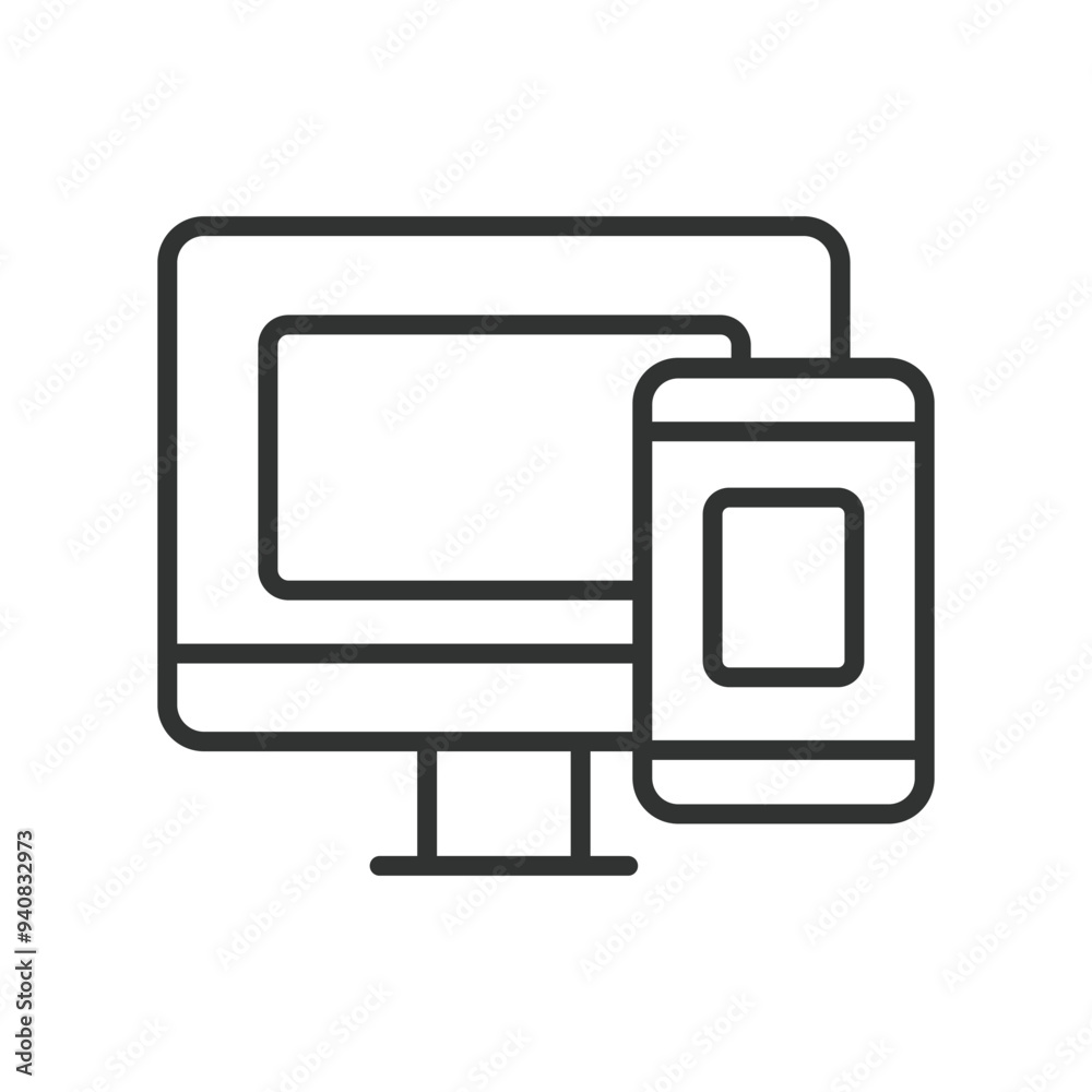 PC and smartphone, in line design. PC, Smartphone, Laptop, Desktop, Mobile phone, Computer, Tablet on white background vector. PC and smartphone editable stroke icon. PC and smartphone, in line design. PC, Smartphone, Laptop, Desktop, Mobile phone, Computer, Tablet on white background vector. PC and smartphone editable stroke icon.