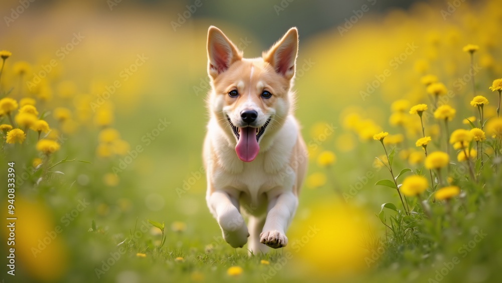Happy Dog Running Through a Field of Dandelions Happy Dog Running Through a Field of Dandelions