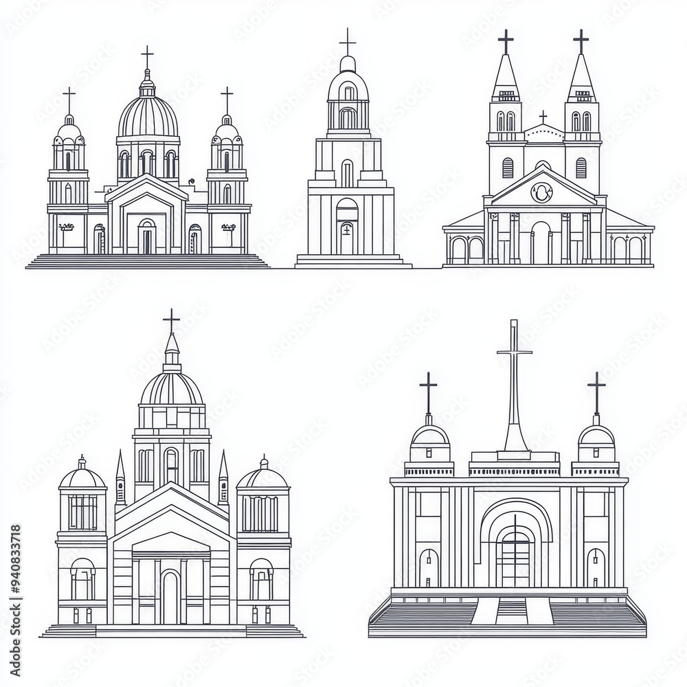 Vector illustrations featuring famous landmarks of Argentina, presented in a linear, minimalist style. The set includes the Basilica of Our Lady of Lujan with its twin spires and ornate details. Vector illustrations featuring famous landmarks of Argentina, presented in a linear, minimalist style. The set includes the Basilica of Our Lady of Lujan with its twin spires and ornate details.