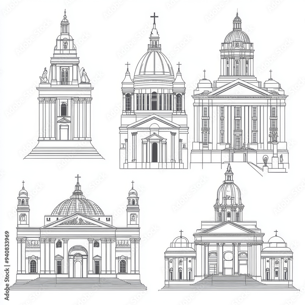 Vector illustrations featuring famous landmarks of Argentina, presented in a linear, minimalist style. The set includes the Basilica of Our Lady of Lujan with its twin spires and ornate details. Vector illustrations featuring famous landmarks of Argentina, presented in a linear, minimalist style. The set includes the Basilica of Our Lady of Lujan with its twin spires and ornate details.