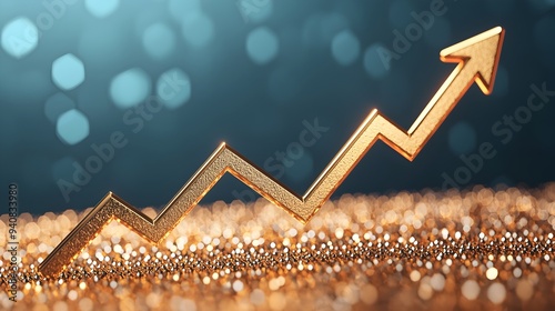 Shimmering Golden Line Chart with Upward Success Arrows Capturing a Boost