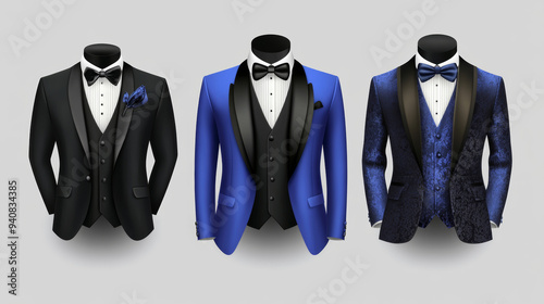 Realistic mockup of men's wedding or dinner suits. Features blue and black classic tuxedo jackets with single and double-breasted options, shawl collar, peak and shawl lapels, waistcoat, bow tie, neck photo