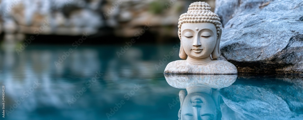A serene Buddha statue reflecting on calm water, surrounded by rocks, symbolizing peace and tranquility in nature. A serene Buddha statue reflecting on calm water, surrounded by rocks, symbolizing peace and tranquility in nature.