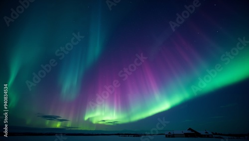 Vibrant Northern Lights Display in the Night Sky. Magical moment. photo