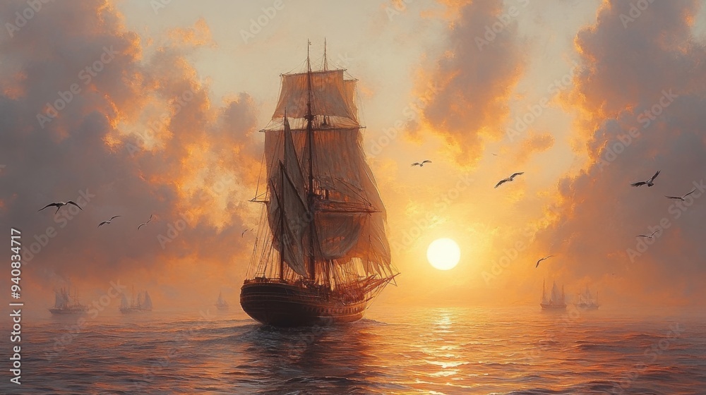 Obraz premium A majestic ship sailing at sunset amidst a tranquil sea.