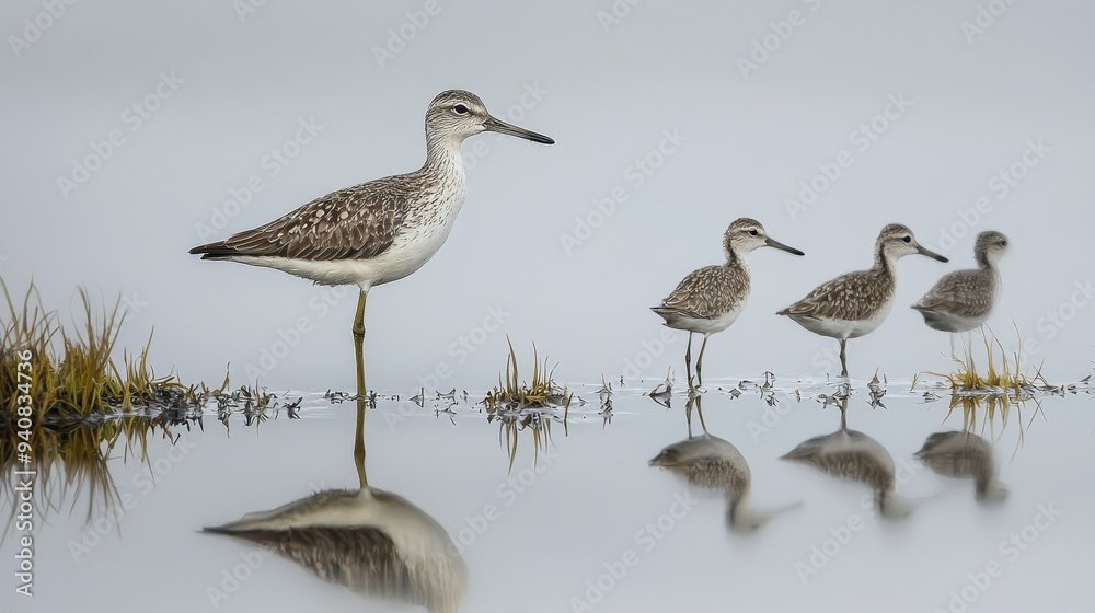 A group of birds lined up on a foggy water edge A group of birds lined up on a foggy water edge